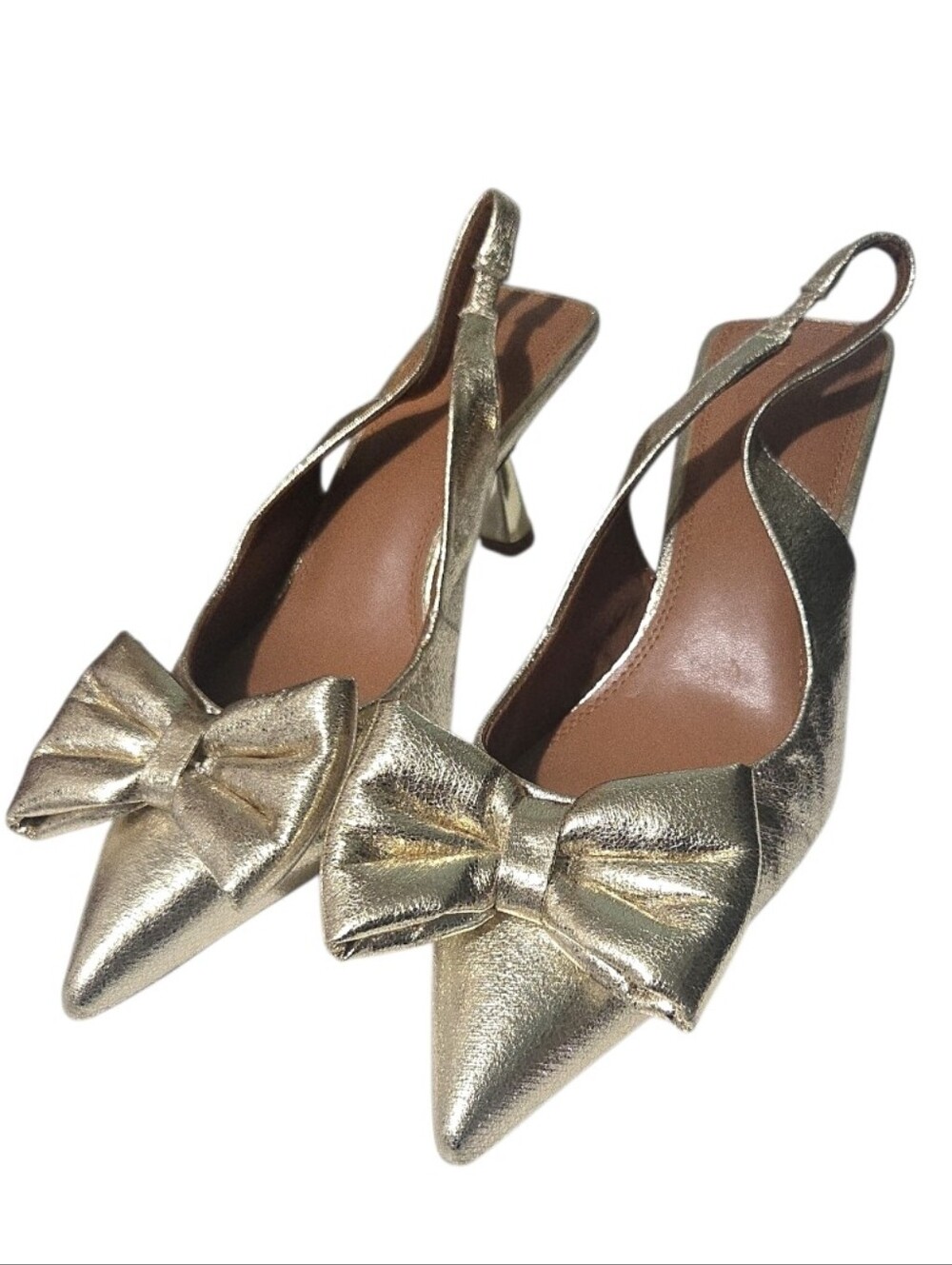 ASOS DESIGN Scarlett Metallic Gold Bow Slingback Flared Mid Heels Size 8 NWOB